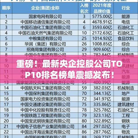 重磅！最新央企控股公司TOP10排名榜单震撼发布！
